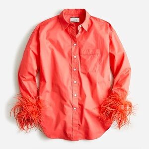 J.Crew Collection Feather Trim Poplin Button Up Shirt Coral Orange Long 6